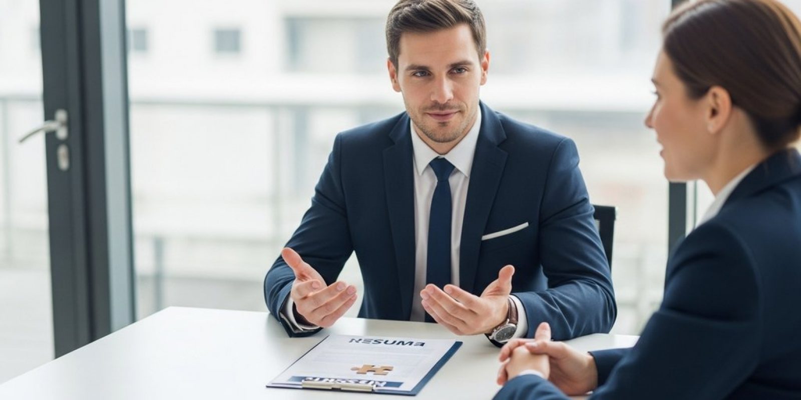 Ein Bewerber erklärt souverän eine Lücke im Lebenslauf während eines Vorstellungsgesprächs.