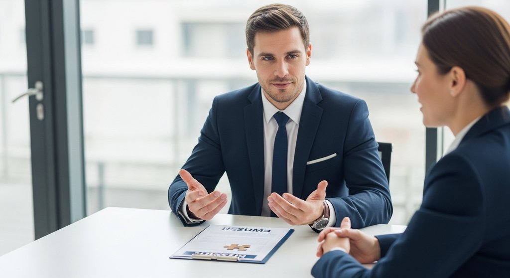 Ein Bewerber erklärt souverän eine Lücke im Lebenslauf während eines Vorstellungsgesprächs.