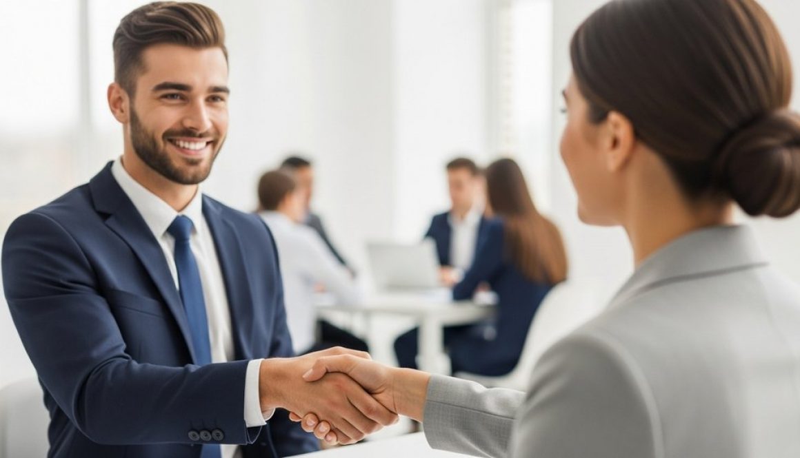 Ein Bewerber schüttelt im zweiten Vorstellungsgespräch einem Personaler selbstsicher die Hand.