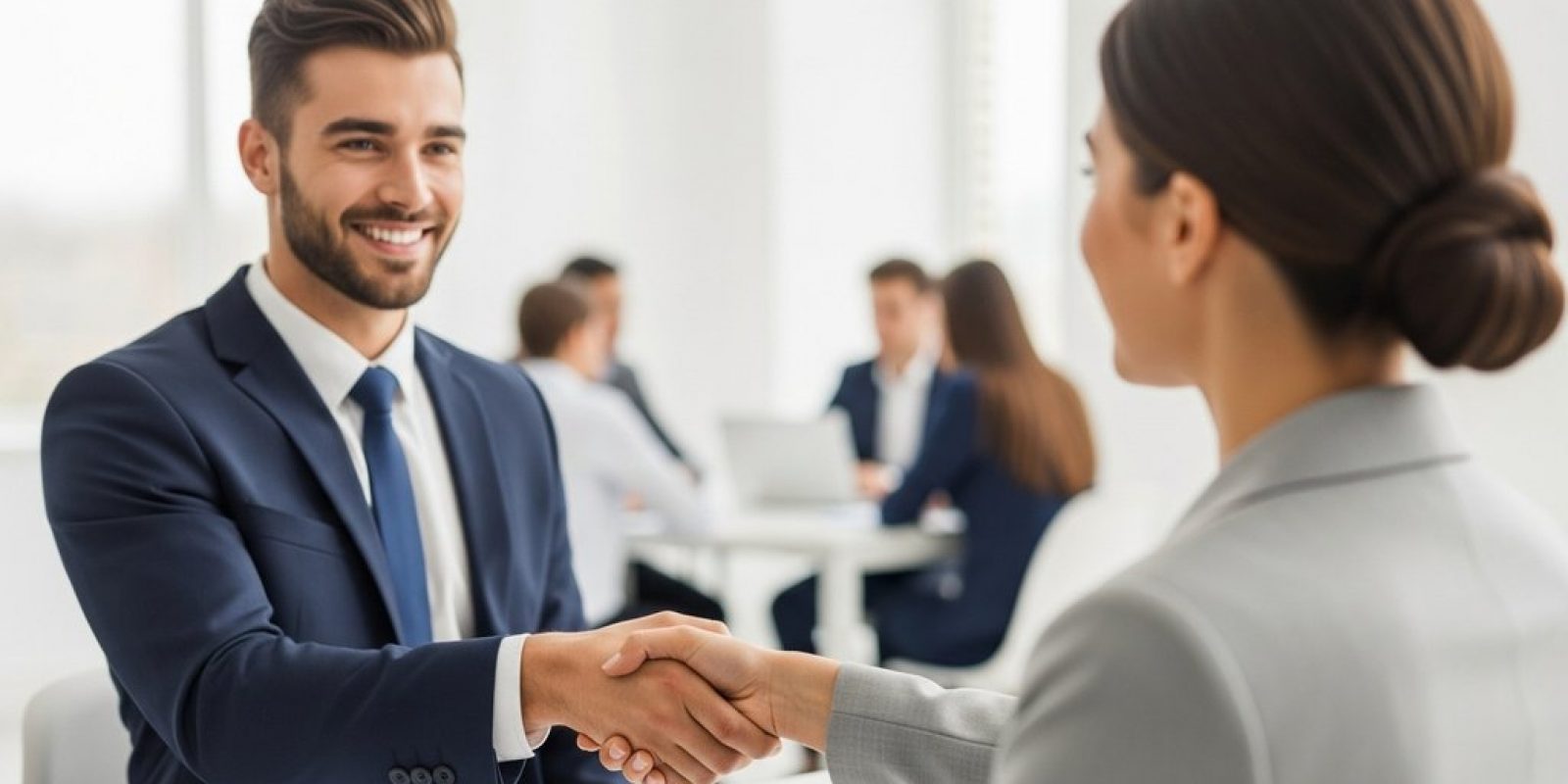 Ein Bewerber schüttelt im zweiten Vorstellungsgespräch einem Personaler selbstsicher die Hand.