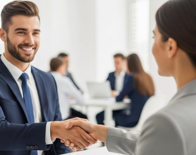 Ein Bewerber schüttelt im zweiten Vorstellungsgespräch einem Personaler selbstsicher die Hand.