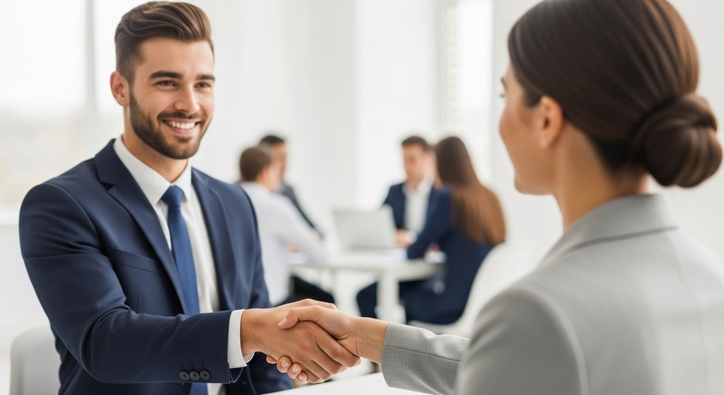 Ein Bewerber schüttelt im zweiten Vorstellungsgespräch einem Personaler selbstsicher die Hand.