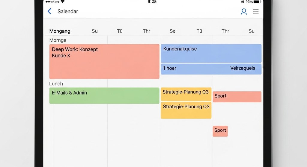 Ein digitaler Kalender, der mit der Timeboxing-Methode das Zeitmanagement für Selbstständige optimiert.