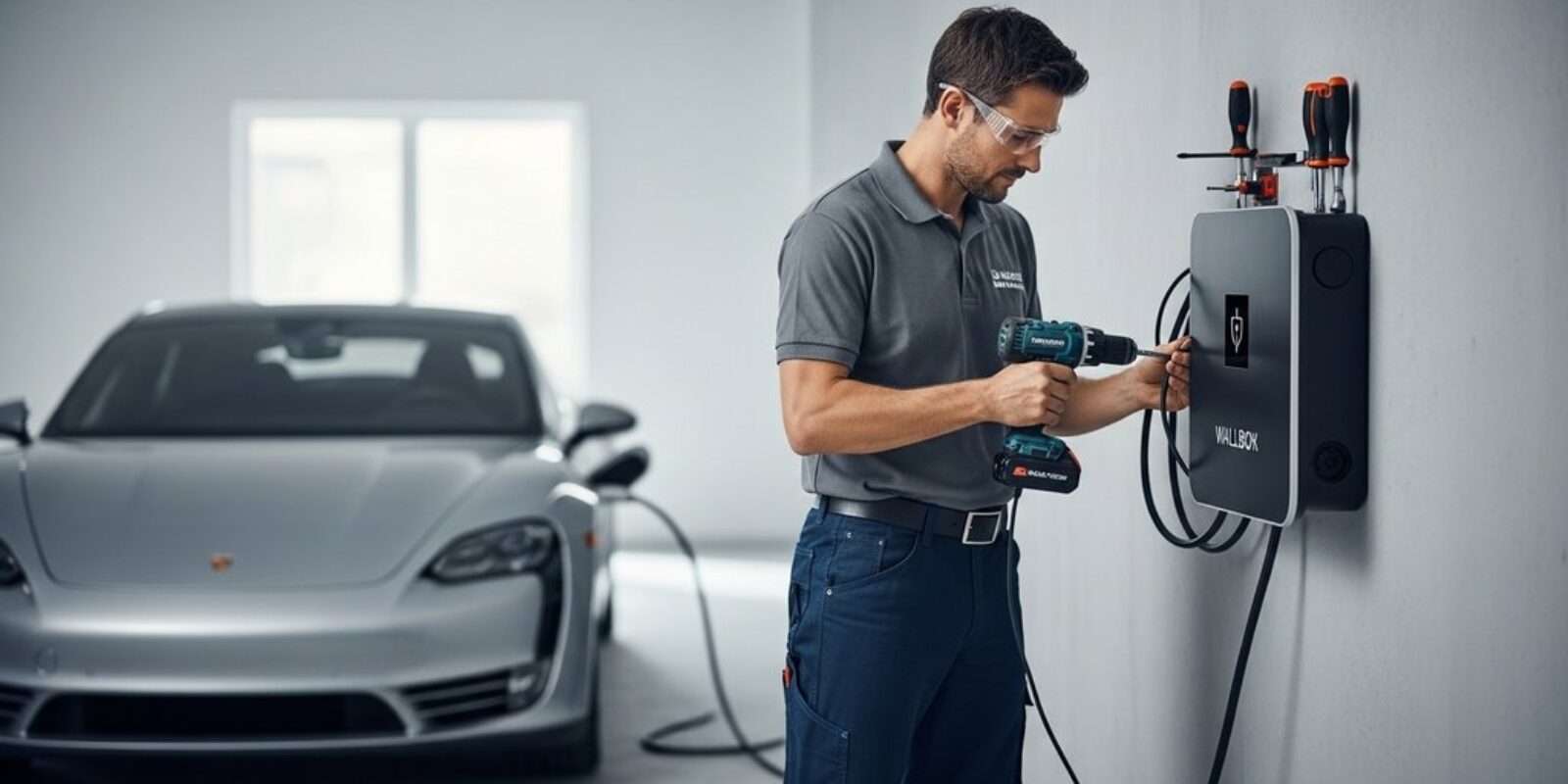 Ein Elektriker installiert eine Wallbox in einer Garage, die Kosten sind ein wichtiger Faktor.