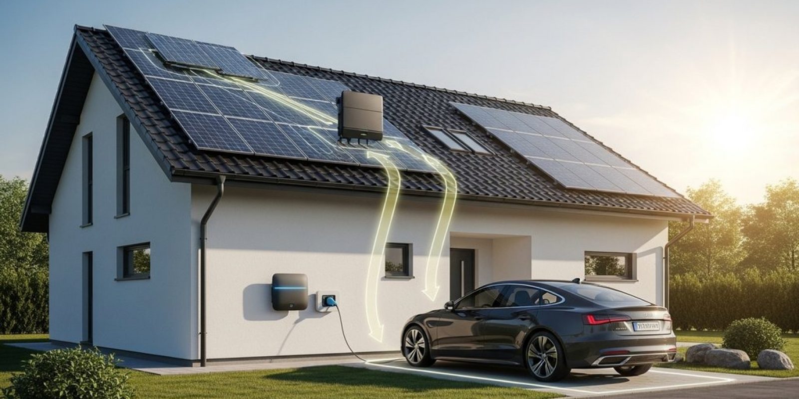 Ein Elektroauto wird mit PV-Überschussladen durch den Strom der eigenen Solaranlage auf dem Dach geladen.