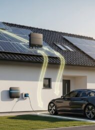 Ein Elektroauto wird mit PV-Überschussladen durch den Strom der eigenen Solaranlage auf dem Dach geladen.