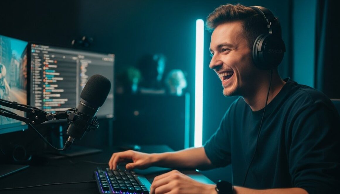 Ein erfolgreicher Streamer verdient mit seinem Hobby Geld vor einem professionellen Streaming-Setup.