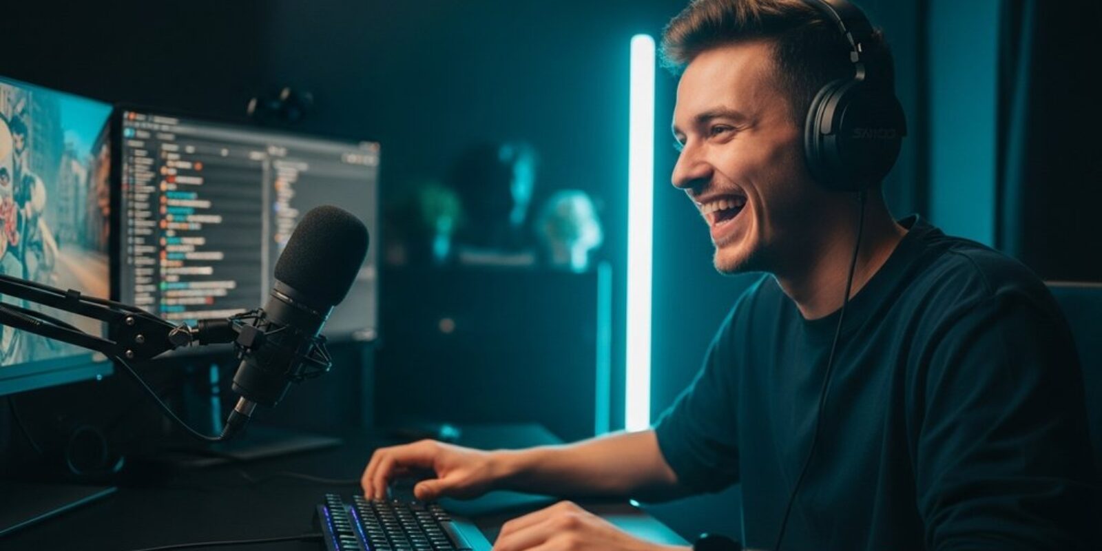 Ein erfolgreicher Streamer verdient mit seinem Hobby Geld vor einem professionellen Streaming-Setup.