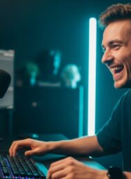 Ein erfolgreicher Streamer verdient mit seinem Hobby Geld vor einem professionellen Streaming-Setup.