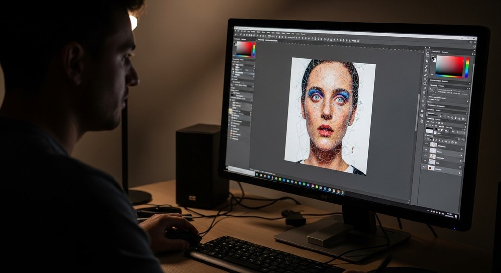 Ein Fotograf nutzt das kostenlose Bildbearbeitungsprogramm GIMP für eine professionelle Porträt-Retusche.