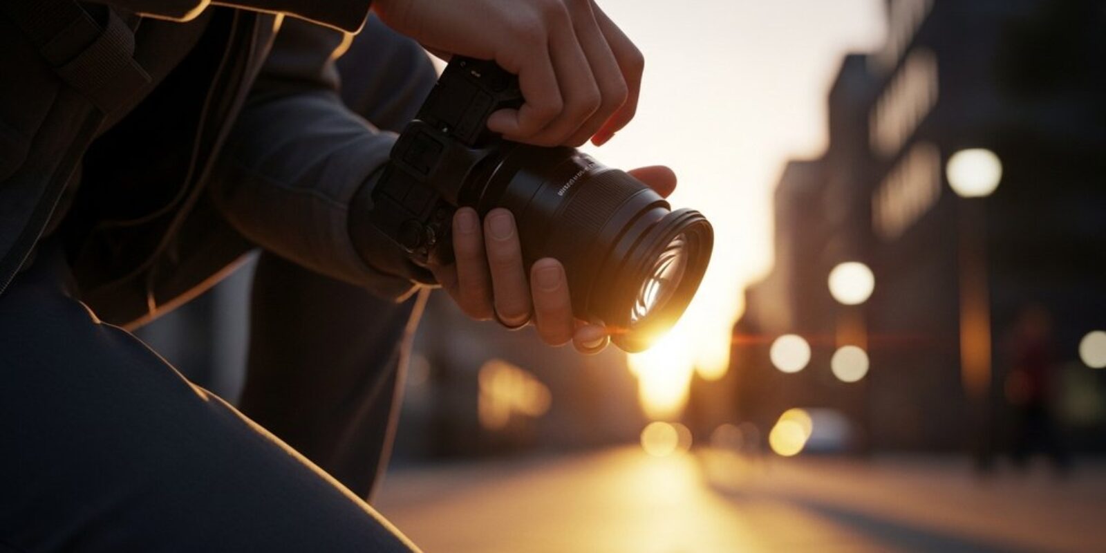 Ein Fotograf wechselt ein Kameraobjektiv bei Sonnenuntergang in der Stadt.