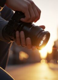 Ein Fotograf wechselt ein Kameraobjektiv bei Sonnenuntergang in der Stadt.