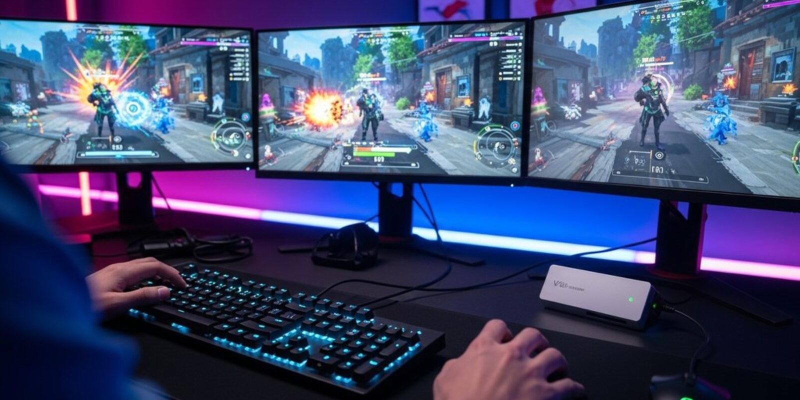 Ein Gamer nutzt eine Game Capture Card an seinem professionellen Streaming-Setup, um Gameplay aufzunehmen.