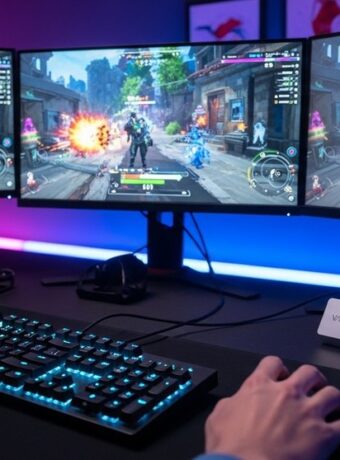 Ein Gamer nutzt eine Game Capture Card an seinem professionellen Streaming-Setup, um Gameplay aufzunehmen.