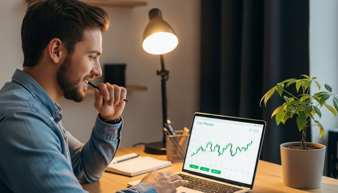 Ein junger Mann plant als Anfänger seine ersten Aktien-Investments am Laptop.