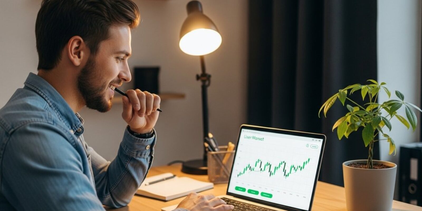 Ein junger Mann plant als Anfänger seine ersten Aktien-Investments am Laptop.