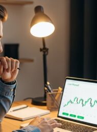 Ein junger Mann plant als Anfänger seine ersten Aktien-Investments am Laptop.