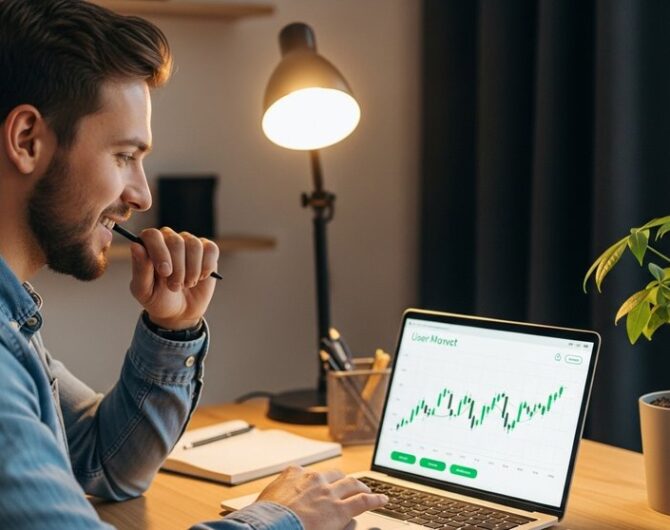 Ein junger Mann plant als Anfänger seine ersten Aktien-Investments am Laptop.