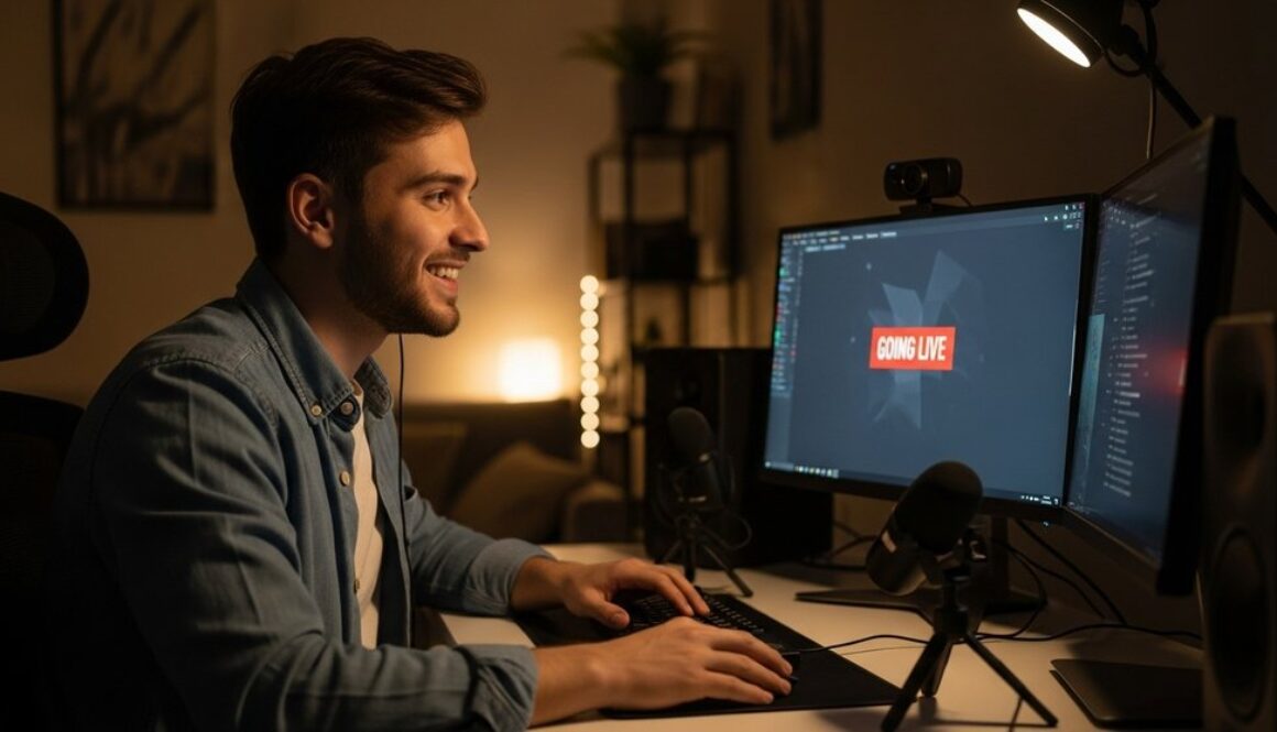 Ein junger Mann startet seinen ersten Livestream mit seinem Streaming Setup für Anfänger.