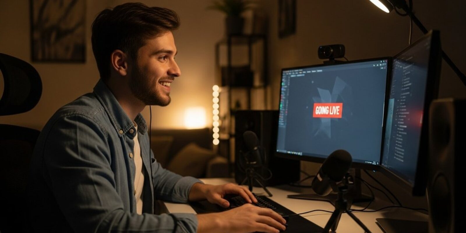 Ein junger Mann startet seinen ersten Livestream mit seinem Streaming Setup für Anfänger.