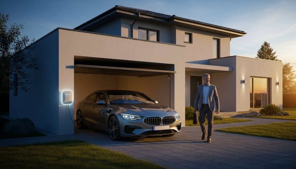 Ein Mann lächelt zufrieden, während sein E-Auto zuhause an einer Wallbox lädt.