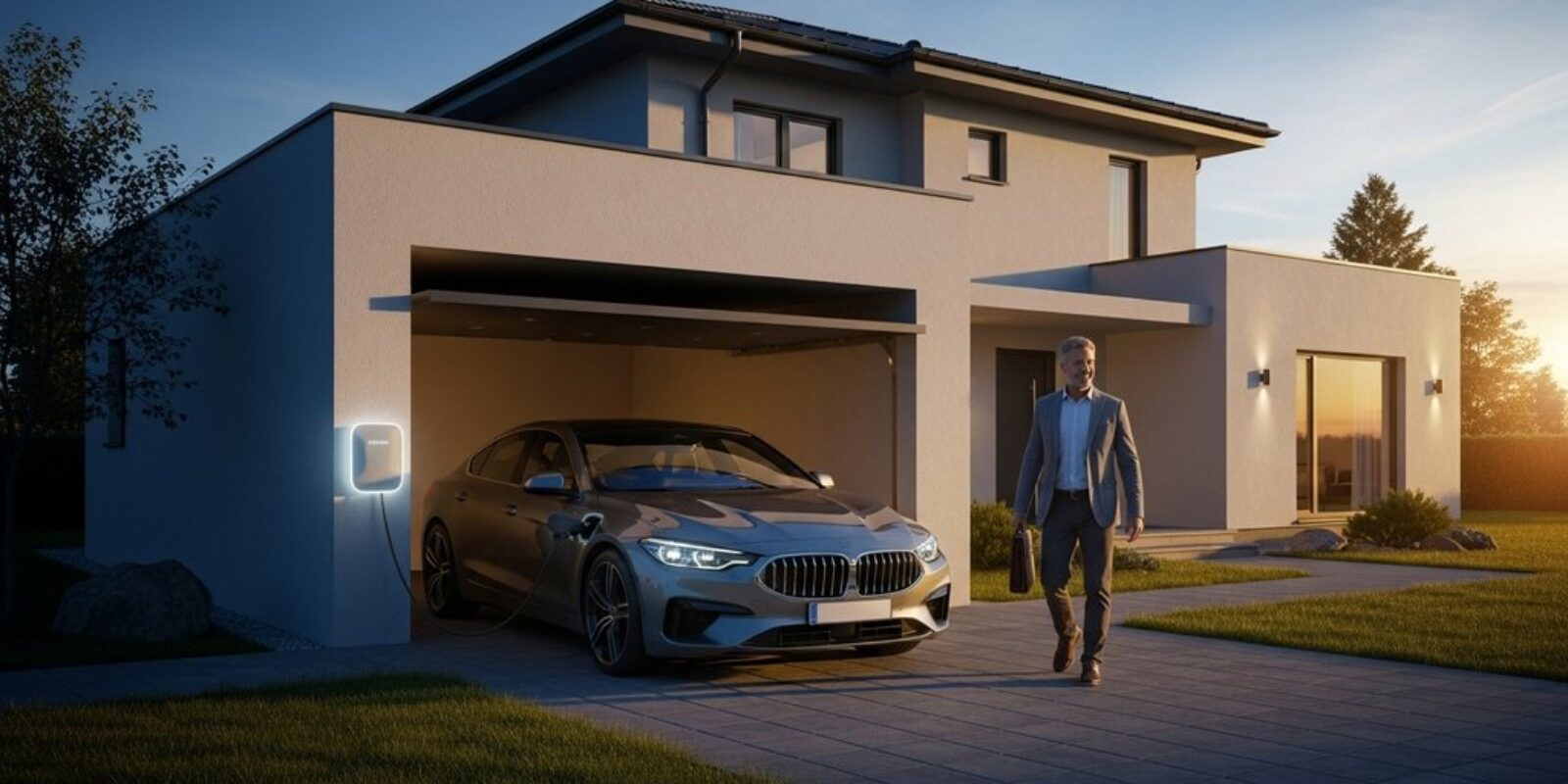 Ein Mann lächelt zufrieden, während sein E-Auto zuhause an einer Wallbox lädt.