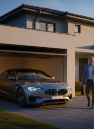 Ein Mann lächelt zufrieden, während sein E-Auto zuhause an einer Wallbox lädt.