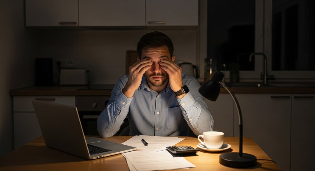Ein Mann meistert die Herausforderungen seiner nebenberuflichen Selbstständigkeit am Abend.