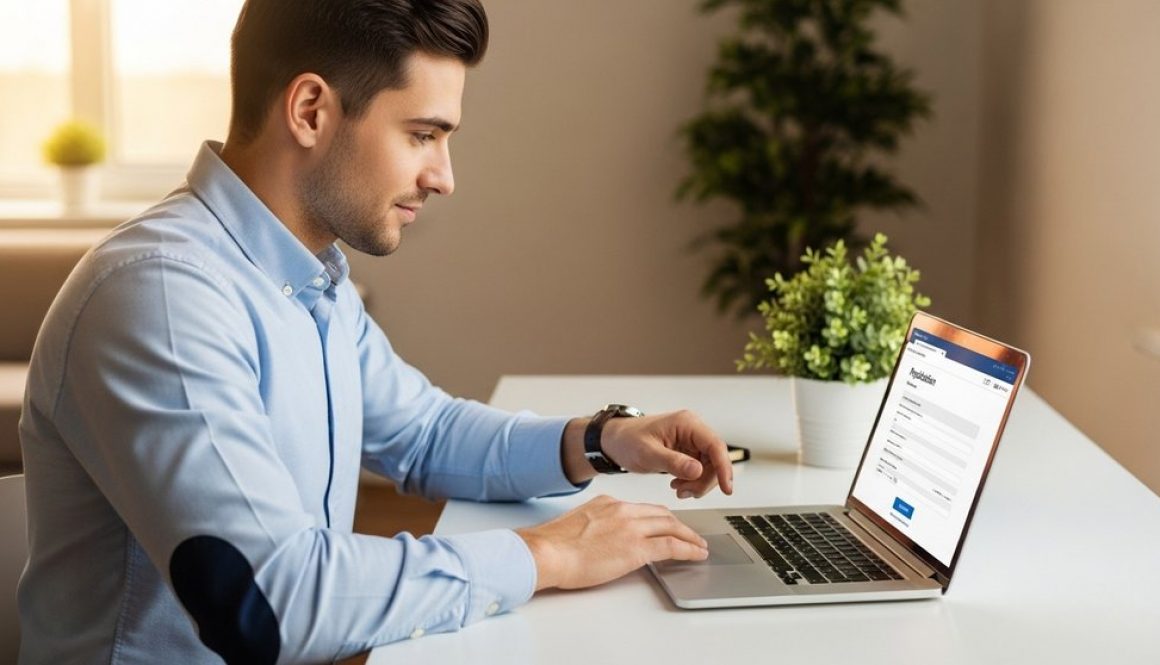 Ein Mann schickt seine erfolgreiche Online-Bewerbung von seinem Laptop ab.