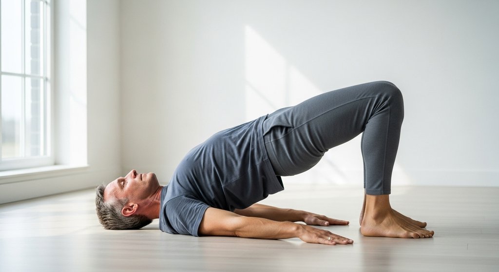 Ein Mann stärkt seinen Rücken mit der Yoga-Übung „Brücke“.