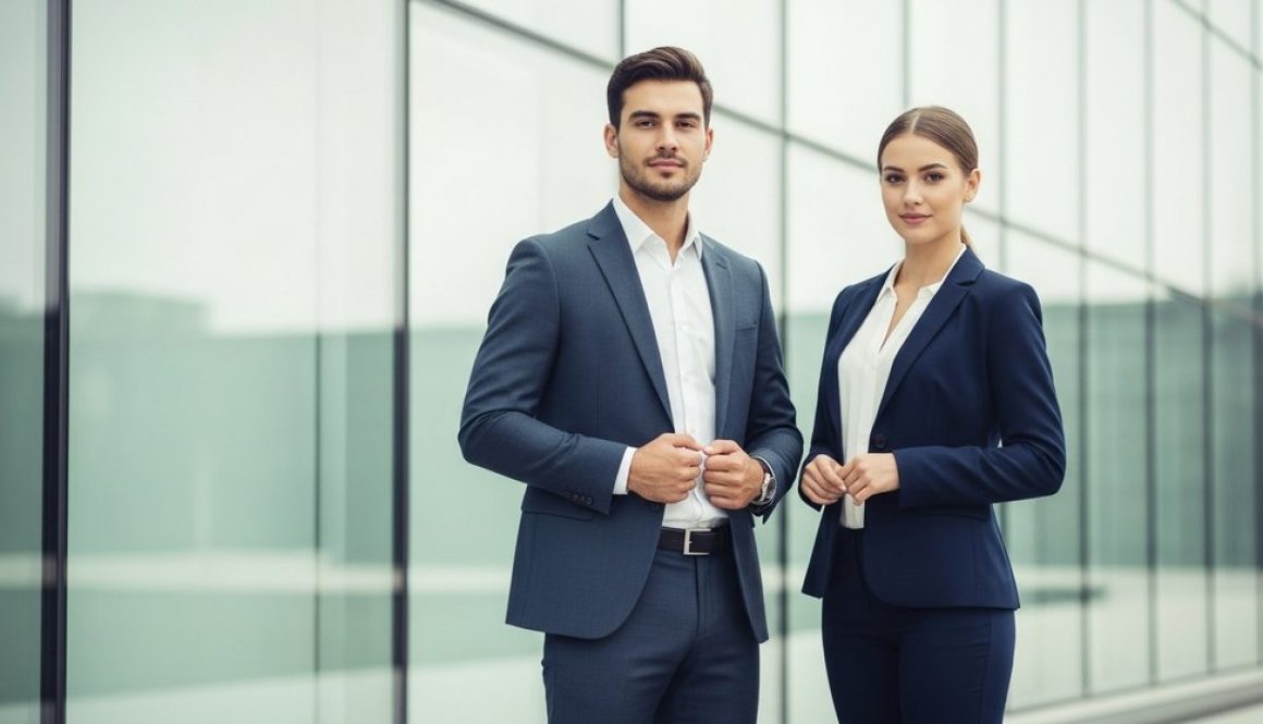 Ein Mann und eine Frau in professioneller Kleidung für das Vorstellungsgespräch.