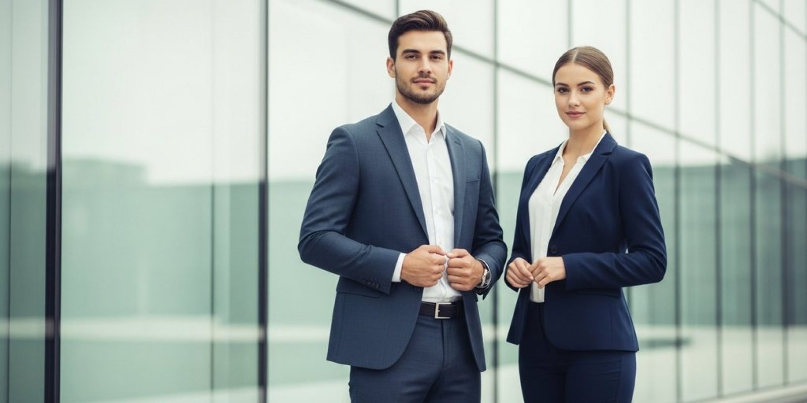 Ein Mann und eine Frau in professioneller Kleidung für das Vorstellungsgespräch.