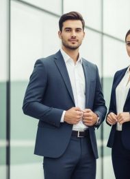 Ein Mann und eine Frau in professioneller Kleidung für das Vorstellungsgespräch.