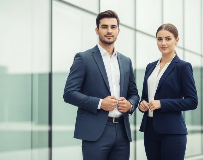 Ein Mann und eine Frau in professioneller Kleidung für das Vorstellungsgespräch.
