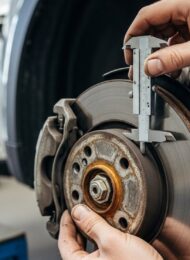 Ein Mechaniker prüft sorgfältig die Bremsen eines gebrauchten E-Autos in einer Werkstatt.