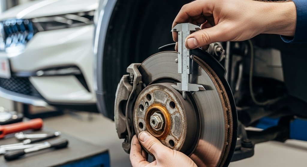 Ein Mechaniker prüft sorgfältig die Bremsen eines gebrauchten E-Autos in einer Werkstatt.