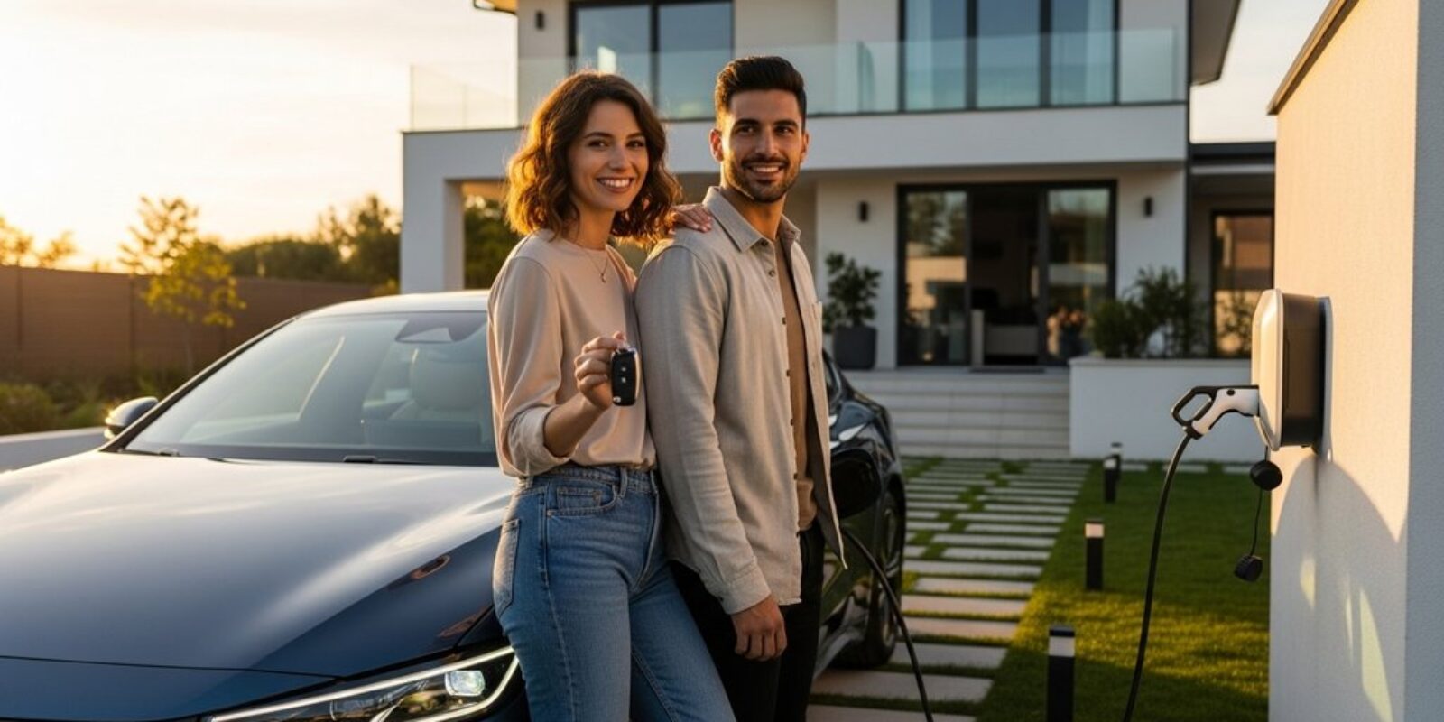 Ein Paar freut sich über sein neues E-Auto im Leasing vor ihrem Zuhause.