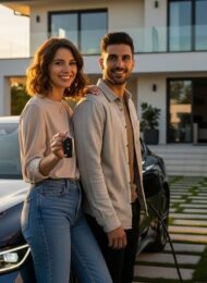 Ein Paar freut sich über sein neues E-Auto im Leasing vor ihrem Zuhause.