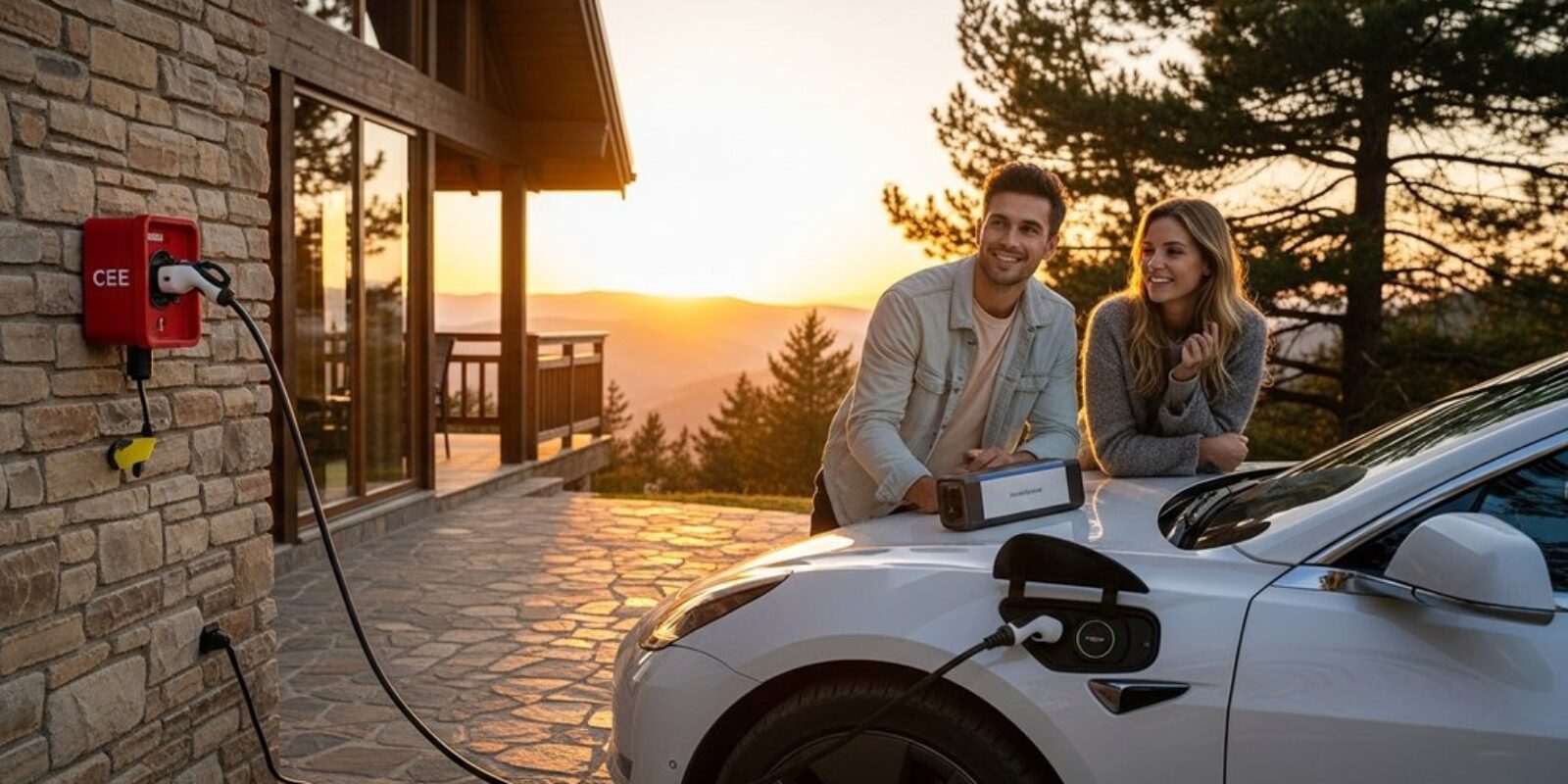 Ein Paar lädt entspannt sein E-Auto mit einem mobilen Lader vor einem Ferienhaus.