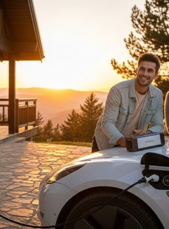 Ein Paar lädt entspannt sein E-Auto mit einem mobilen Lader vor einem Ferienhaus.
