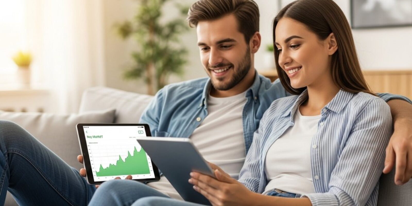 Ein Paar plant seine finanzielle Zukunft mit Aktien auf einem Tablet.