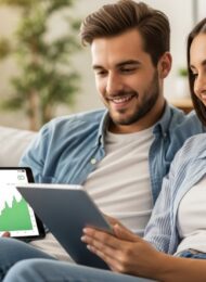 Ein Paar plant seine finanzielle Zukunft mit Aktien auf einem Tablet.