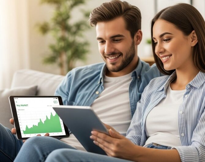 Ein Paar plant seine finanzielle Zukunft mit Aktien auf einem Tablet.