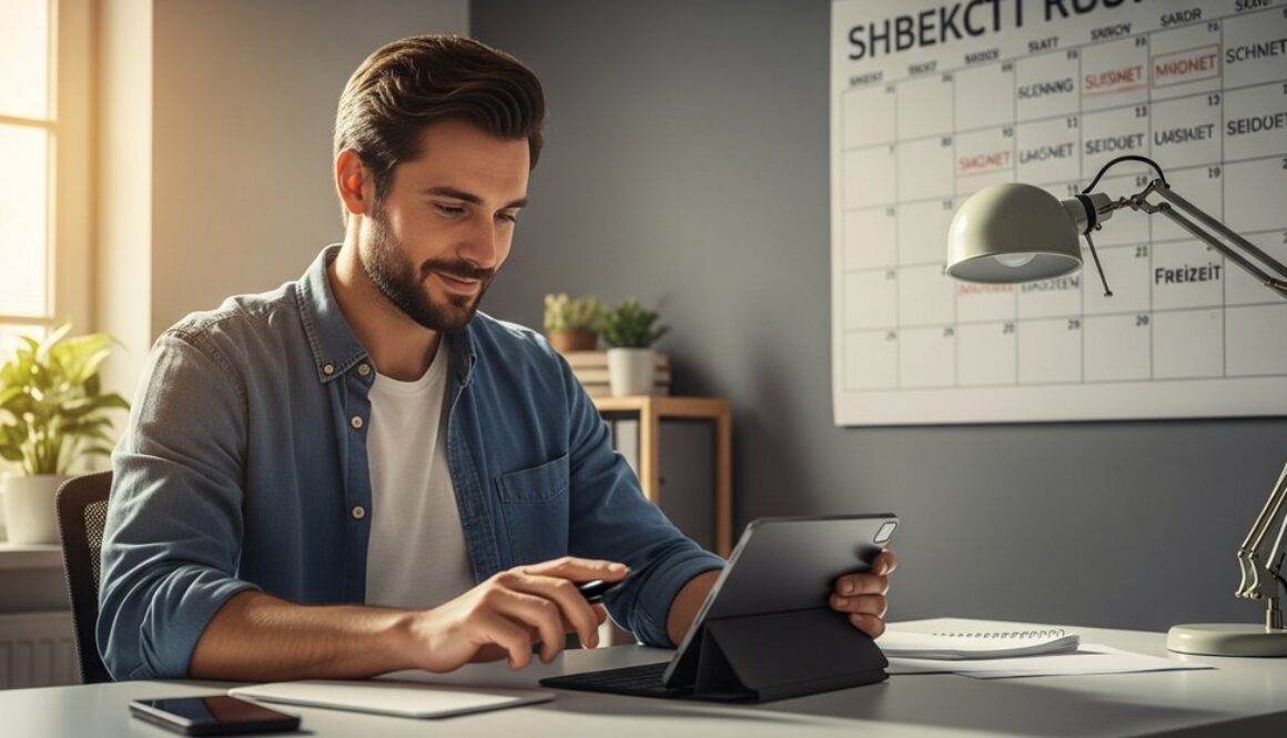 Ein Selbstständiger, der dank exzellentem Zeitmanagement entspannt an seinem Schreibtisch arbeitet.