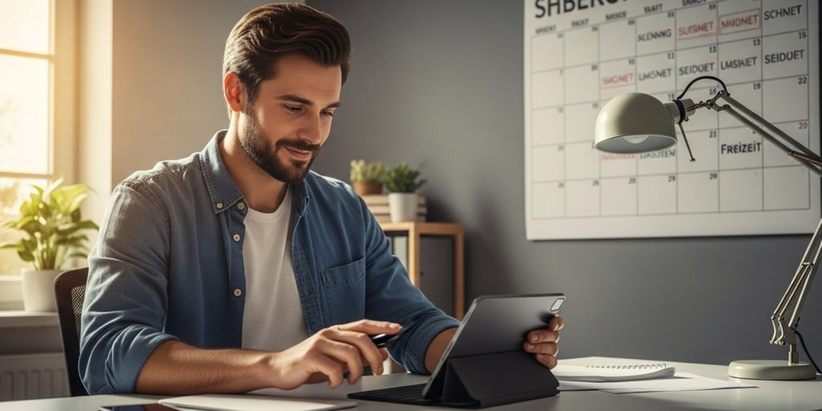 Ein Selbstständiger, der dank exzellentem Zeitmanagement entspannt an seinem Schreibtisch arbeitet.