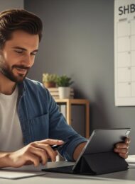 Ein Selbstständiger, der dank exzellentem Zeitmanagement entspannt an seinem Schreibtisch arbeitet.