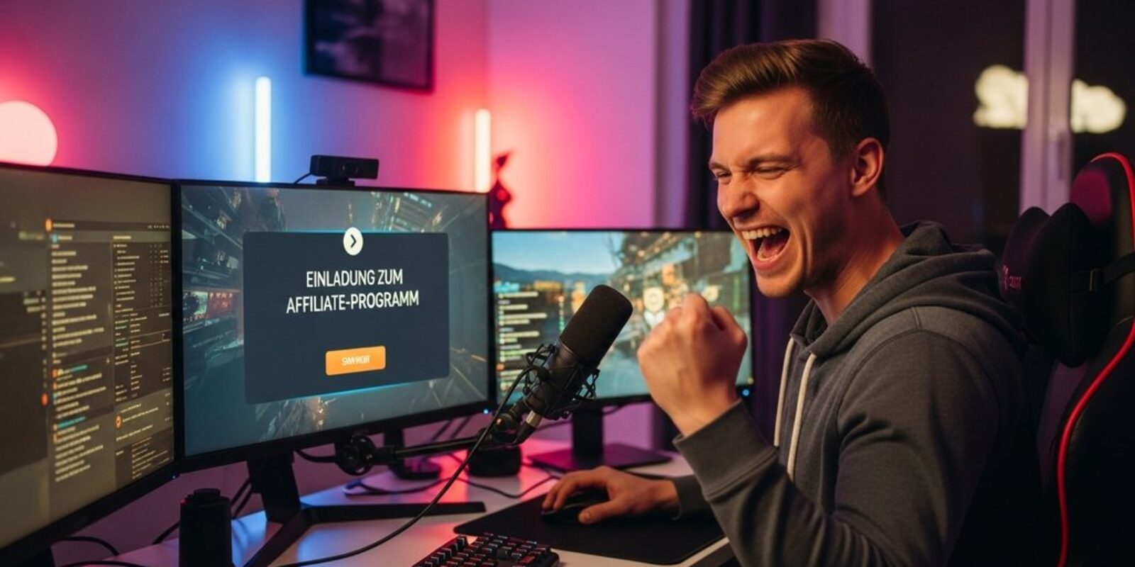 Ein Streamer freut sich über die Einladung zum Twitch Affiliate Programm an seinem PC.