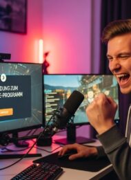 Ein Streamer freut sich über die Einladung zum Twitch Affiliate Programm an seinem PC.
