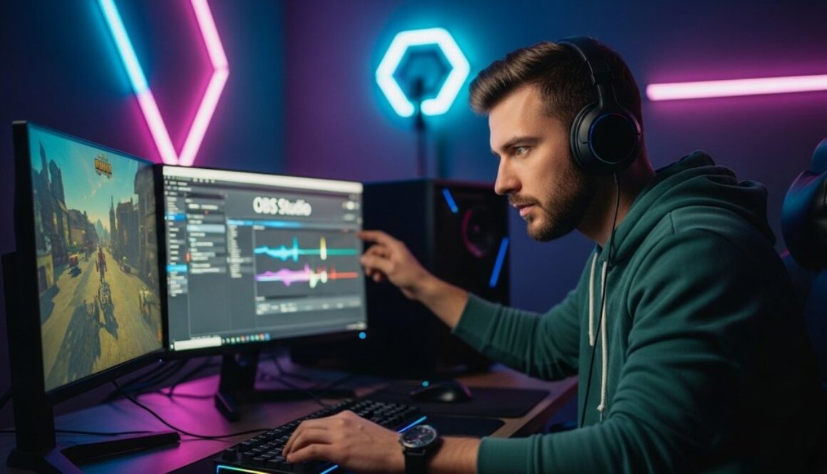 Ein Streamer optimiert seine OBS Studio Einstellungen für eine professionelle Übertragung.