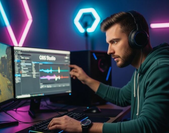 Ein Streamer optimiert seine OBS Studio Einstellungen für eine professionelle Übertragung.